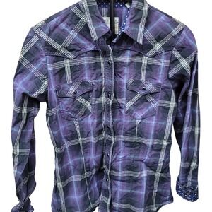 Roper Womens Western Plaid‎ Snap Front Shirt Purple Blue Green Size M